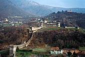 View to the Montebello castle from Castelgrande Bellinzona, Switzerland.